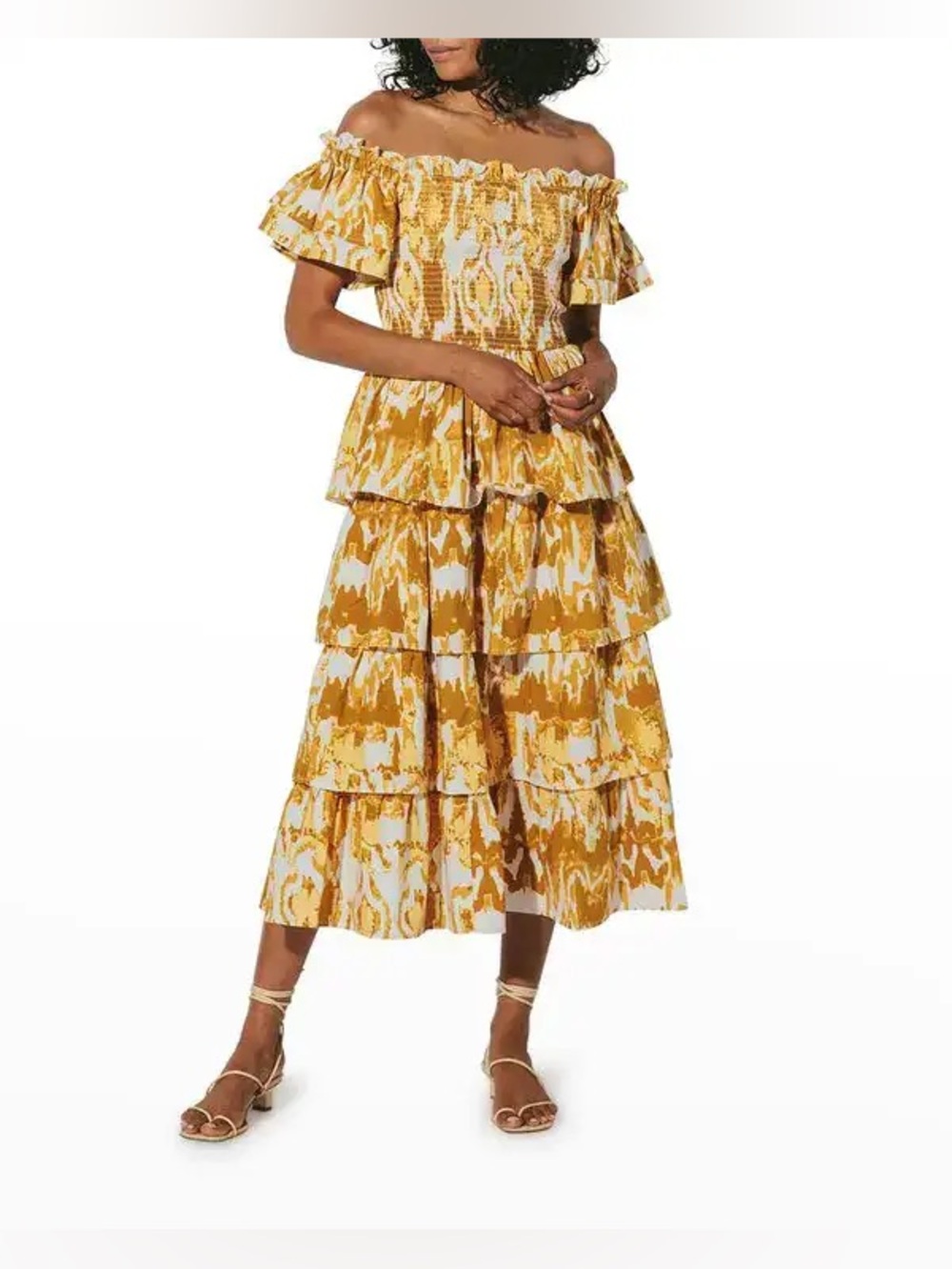 Cleobella / Samantha Mustard Print Smocked Tiered Ruffle Midi Dress - Sz S - NWT